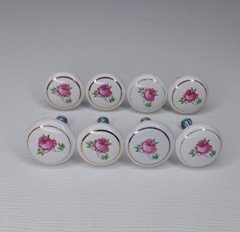 Ceramic Cabinet Knobs Drawer Pulls Rose Pattern With Gold Trim Set Of 8