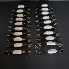 Vtg 20 Wht Porcelain & Gun Metal Gray Spoon Foot Cabinet Pulls 5″ Long 3″Centers