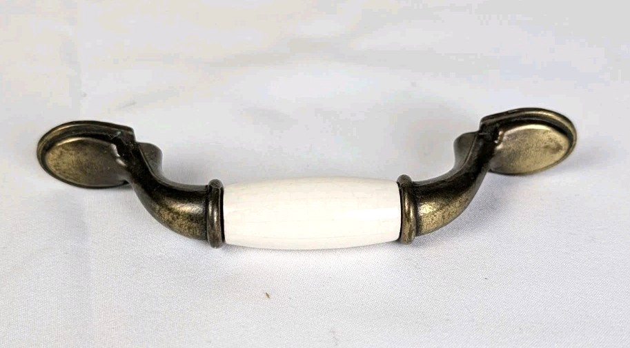 Vintage Porcelain Pulls Cabinet Door Brass Old Drawer Handle Natl Lock
