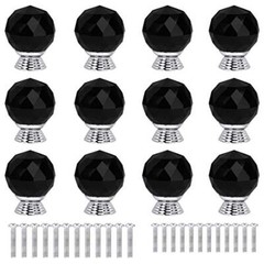12 Pcs 30mm Round Shape Crystal Glass Cabinet Knobs with Screws Drawer Black