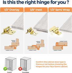 4 Pack (2 Pairs) 1/2″ Overlay Cabinet Hinges, Gold Self-Closing Semi-Concealed P