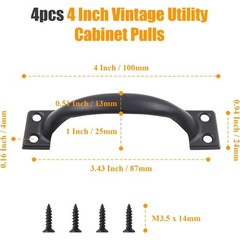 4pcs 4 Inch Vintage Barn Door Pulls, Black | Utility Cabinet Handles, Screw in