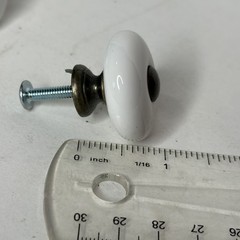Vintage Cabinet Knob Pulls White Porcelain Brass Center Dot Small 1″ Circle 7qty