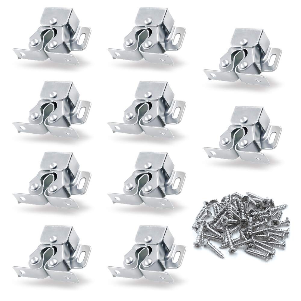 Luomorgo 10 Pack Double Roller Catch Cabinet Latches with 10 Pieces, Silver