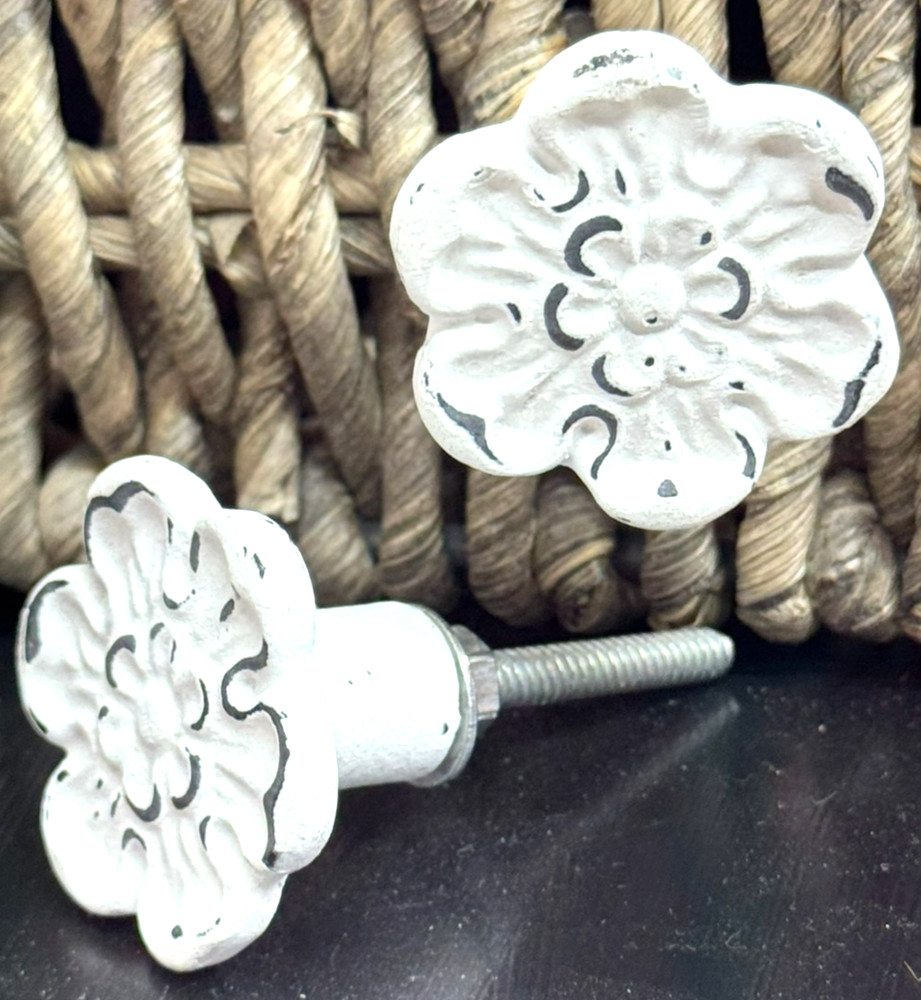 2 Matte-White Cast Iron Metal Flower Knob Drawer Pull Cabinet Furniture Hardware