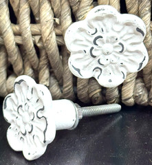 2 Matte-White Cast Iron Metal Flower Knob Drawer Pull Cabinet Furniture Hardware
