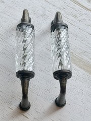 2 Clear Spiral Glass Antique Brass Metal Drawer Pulls Cabinet Pulls 3.88″ x 4”