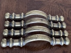 Vintage Drawer Pull Brass Color Metal 5″ Wide 3″ Spread Curved Center set of 4