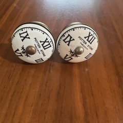 Potter Stone Precision Ceramic Drawer Knobs Set of 2 Roman Numeral Clock Face