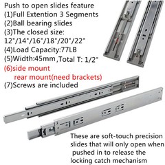 Push to Open Drawer Slides 12/14/16/18/20/22″ Full Extension side or rear mount