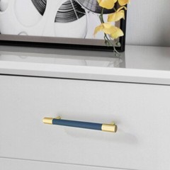 MFYS Brass Gold & Navy Blue Leather Cabinet Handle Wardrobe Pull Drawer Pull