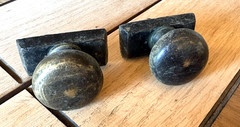 2 large Antique very heavy Brass Knobs With Plate Cabinet Dresser Drawer Patina