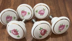 6 Vintage Porcelain Ceramic Drawer Cabinet Pull Knobs White Gold Pink Rose.