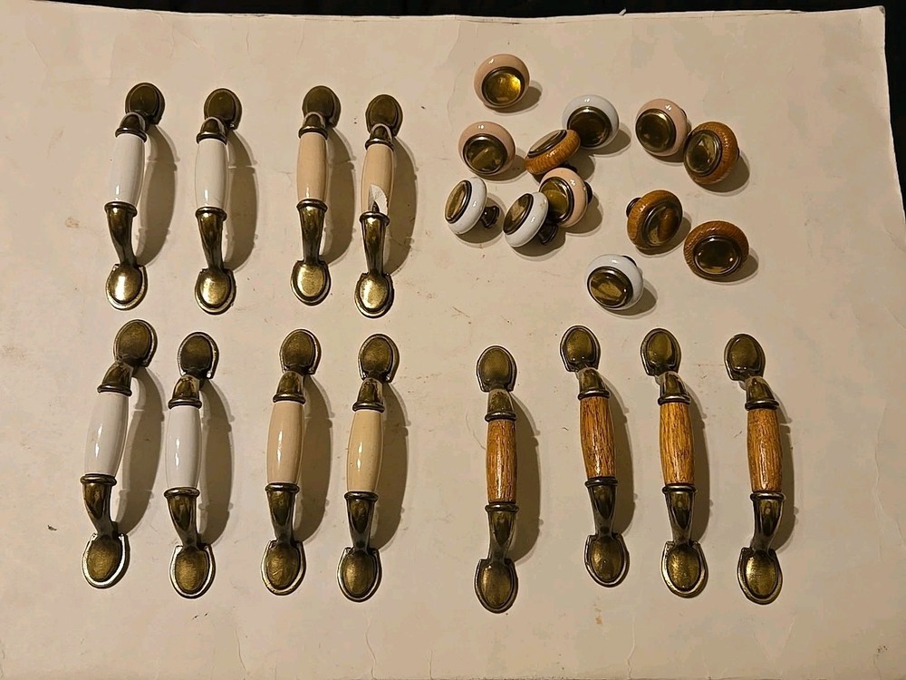Vintage Porcelain Wood Brass Drawer Pull Assorted 5″ Handles Knobs Lot Of 24