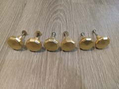Lot of 6 Vintage Solid Brass Cabinet Drawer Pull Knobs, Decagon Solid Gold Tone
