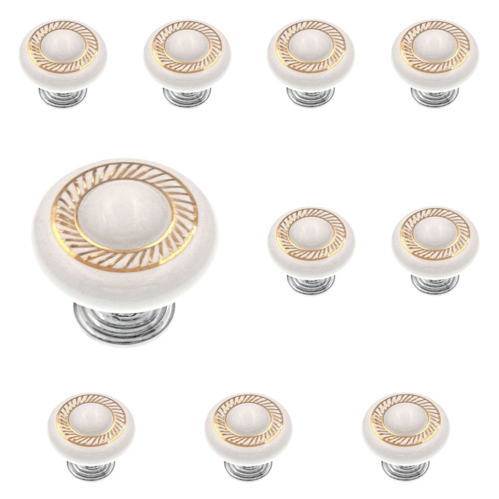 Pack of 10 P3644-CHW White Porcelain 1 3/8″ Cabinet Knob Chrome Base Hickory