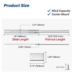 16″ Heavy Duty Drawer Slides 4 Pcs, 50LB Capacity, 3/4 Extension, Steel Glides