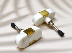6 PCS White Oval Natural Stone Brass Knob Pull Handle Drawer Cabinet Gold