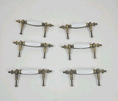 6 Antique White Porcelain & Brass 5” Drawer Pull Handles w Screws & Heavy Patina