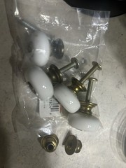 White 1″ Porcelain Knob with Antique Brass Base and Button Stem Lot Of 4