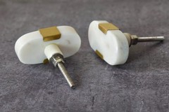 6 PCS White Oval Natural Stone Brass Knob Pull Handle Drawer Cabinet Gold