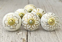 Gold and White Ceramic Door, Cabinet, Cupboard, Kitchen Knobs and Pulls,set of 6