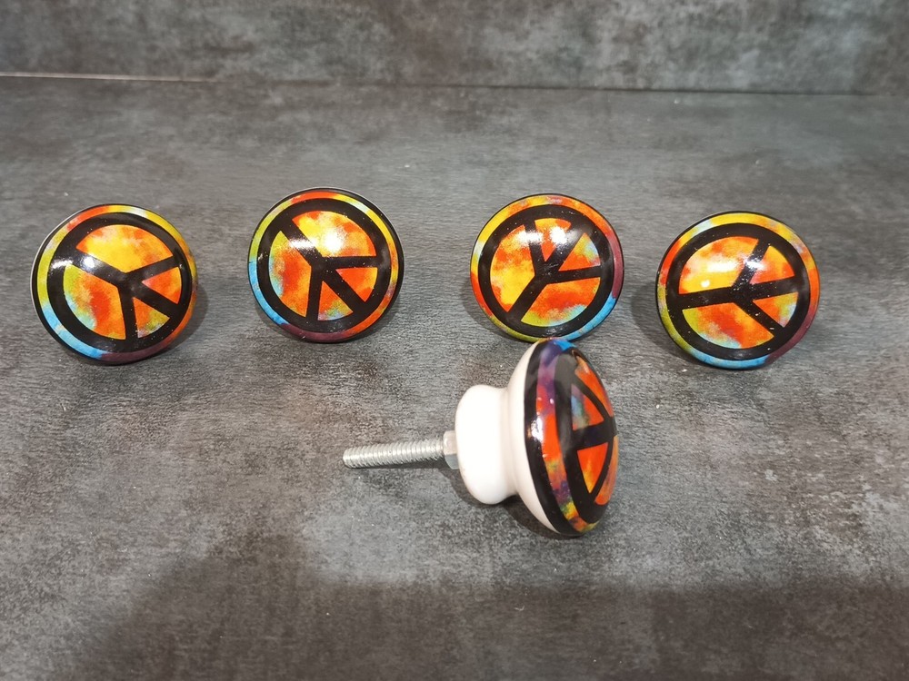 Set Of 5 PEACE Sign Tie Dye Cabinet Door Drawer Pull Ceramic Knobs