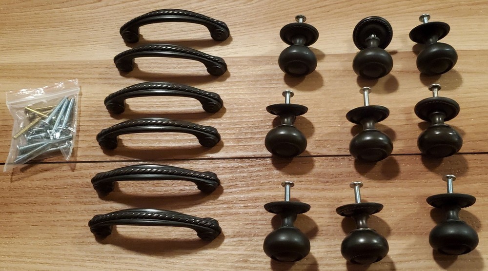 Lot of 12 Cabinet Hardware 6 Handles 9 Knobs Rope Design w/ Screws Dk Brown