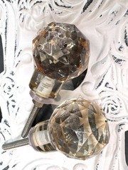 Set 2 Pink/Peach 19 Point Glass Door Cabinet Drawer Knob Pull Brass Shabby Chic