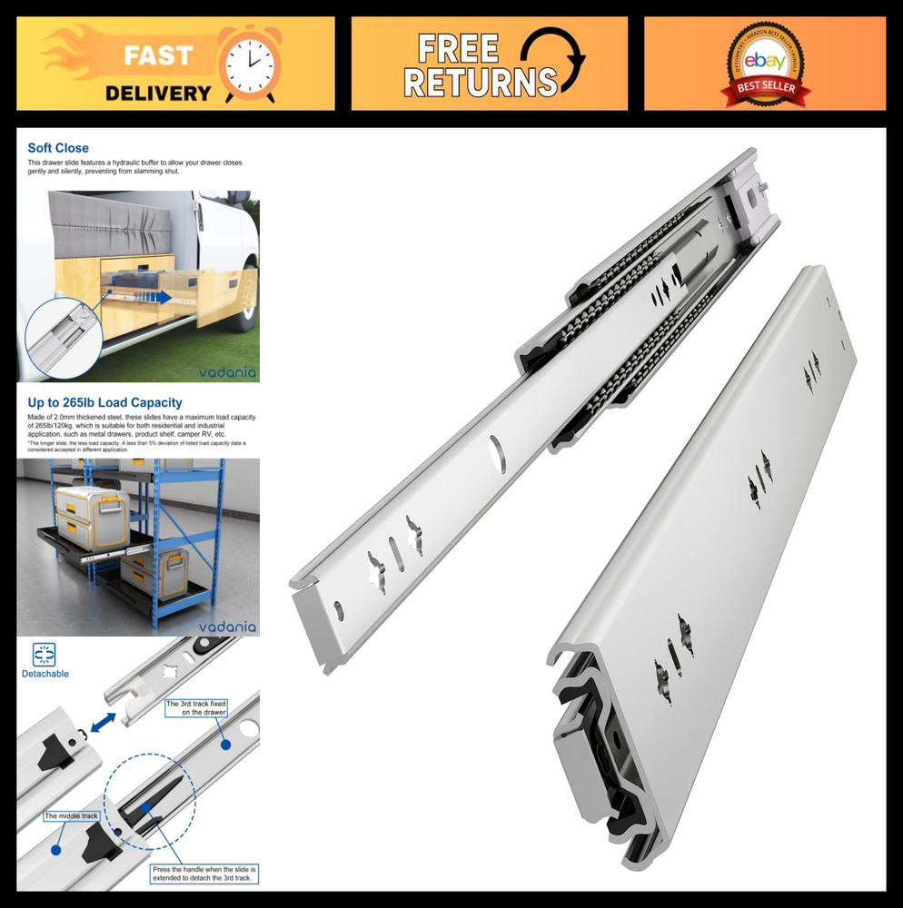 20″ Soft Close Heavy Duty Drawer Slides, 265lb Capacity, 3-Fold Full Extension,