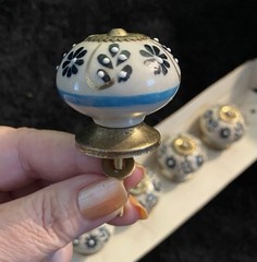 8 Embossed White Ceramic Cabinet Knobs w/ Blue Floral Designs & Brass Hardware