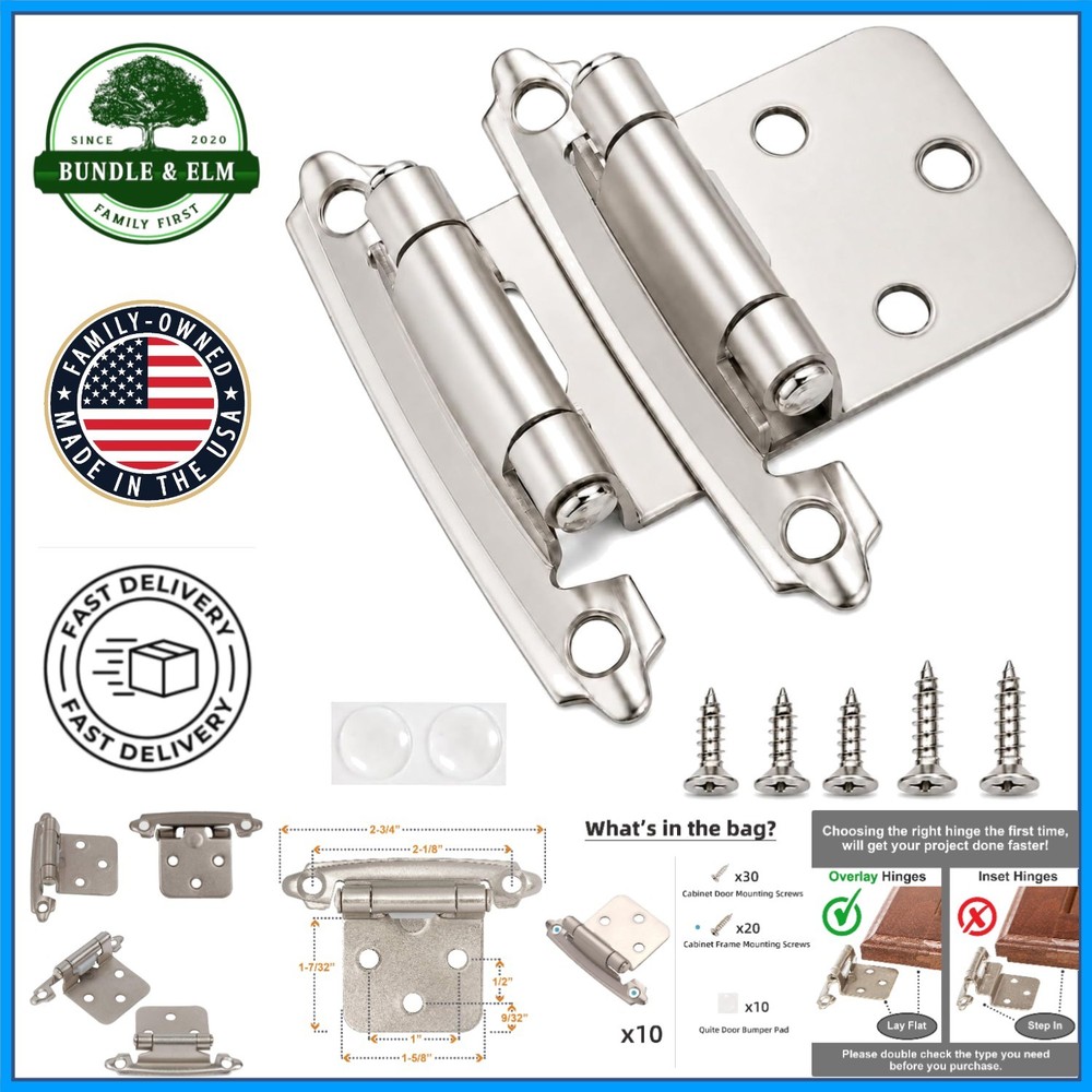 Surface Mount Cabinet Hinges, 10 Count Brushed Nickel with Quiet Closing Feature