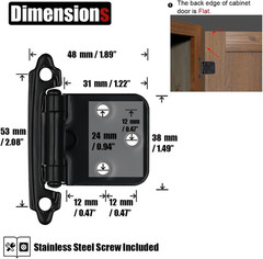 JQK 1/2 Inch Overlay Cabinet Door Hinges Black, 20 Pack 10 Pairs Flush Face Moun