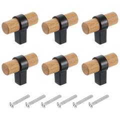 6Pcs T Bar Wooden Drawer Pulls Single Hole Handles with Screw Beech Wood/Black