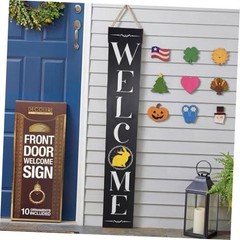 Welcome Sign for Front Porch – Tall Solid Wood Porch Door Sign with 10 Black