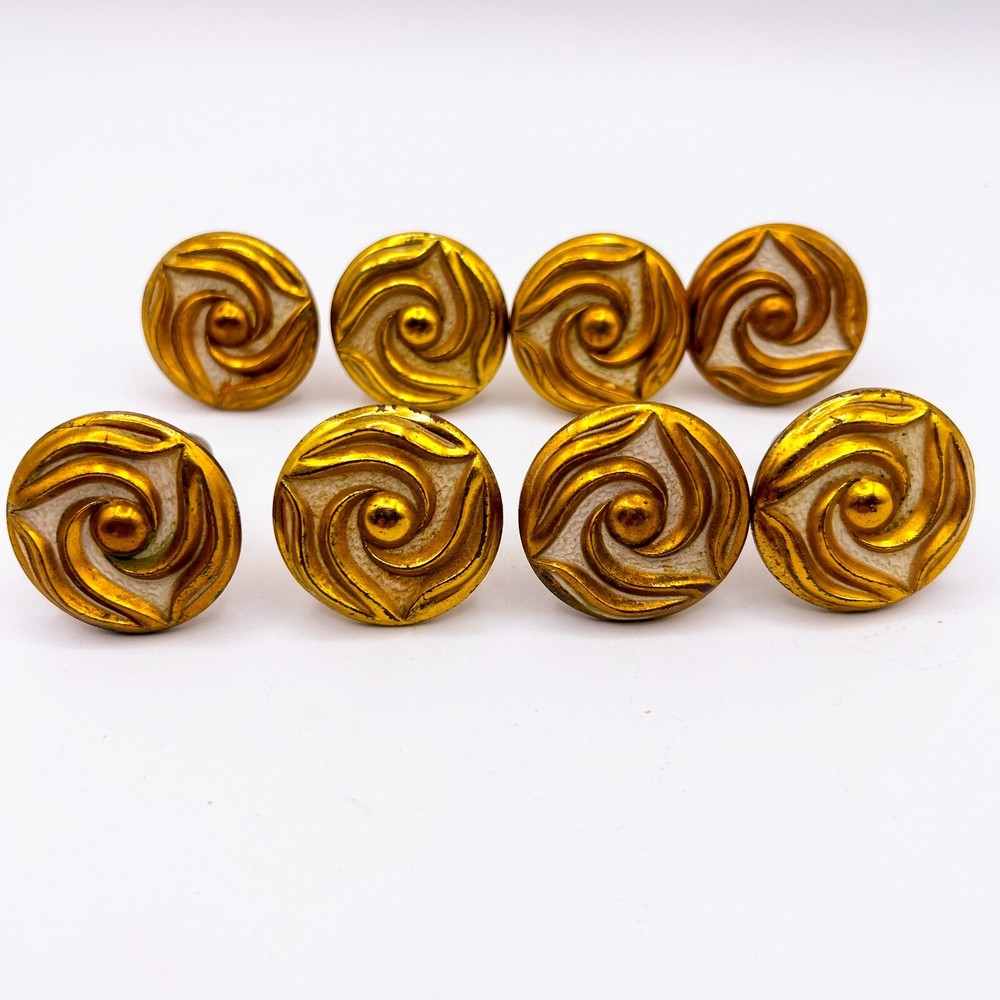 8-Vintage Brass and White Swirl Cabinet Drawer Pull Knob 1 7/16″ dia.