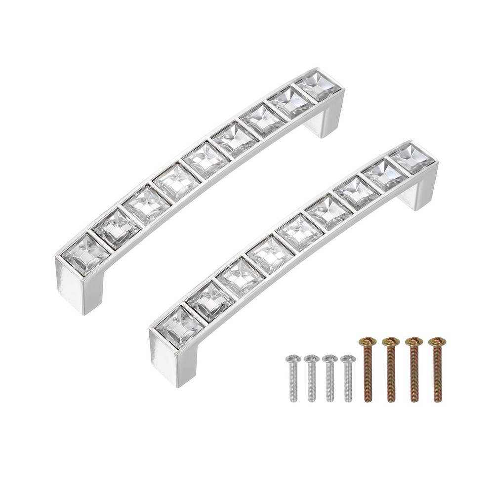 U Shape Crystal Glass Drawer Cabinet Pulls Silver 3.8″ Hole Centers 2 Pack