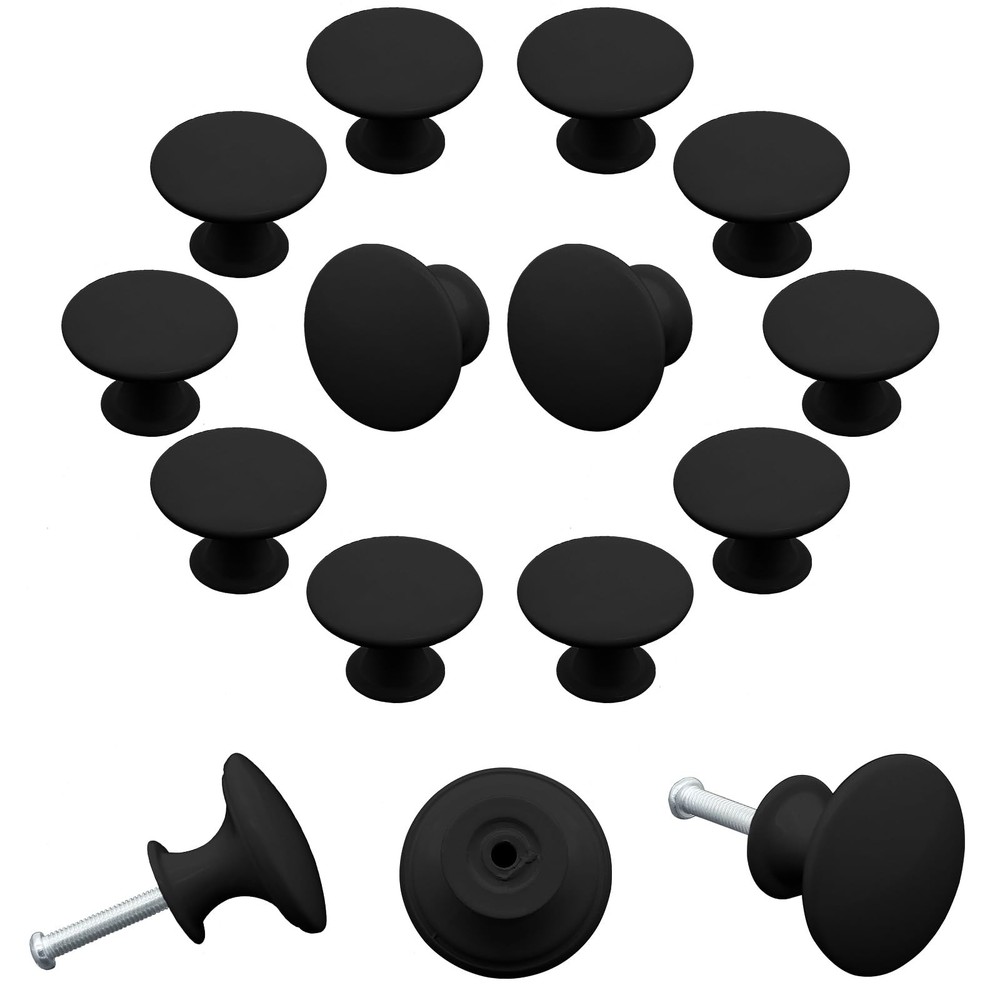 12 Pcs Matte Black Round Cabinet Knobs 30mm Metal Drawer Pulls with Screws
