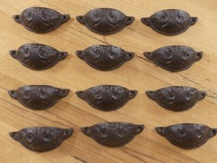 12 3 1/2″ CUP PULLS DRAWER CABINET BIN HANDLES RUSTIC VINTAGE CAST IRON BROWN