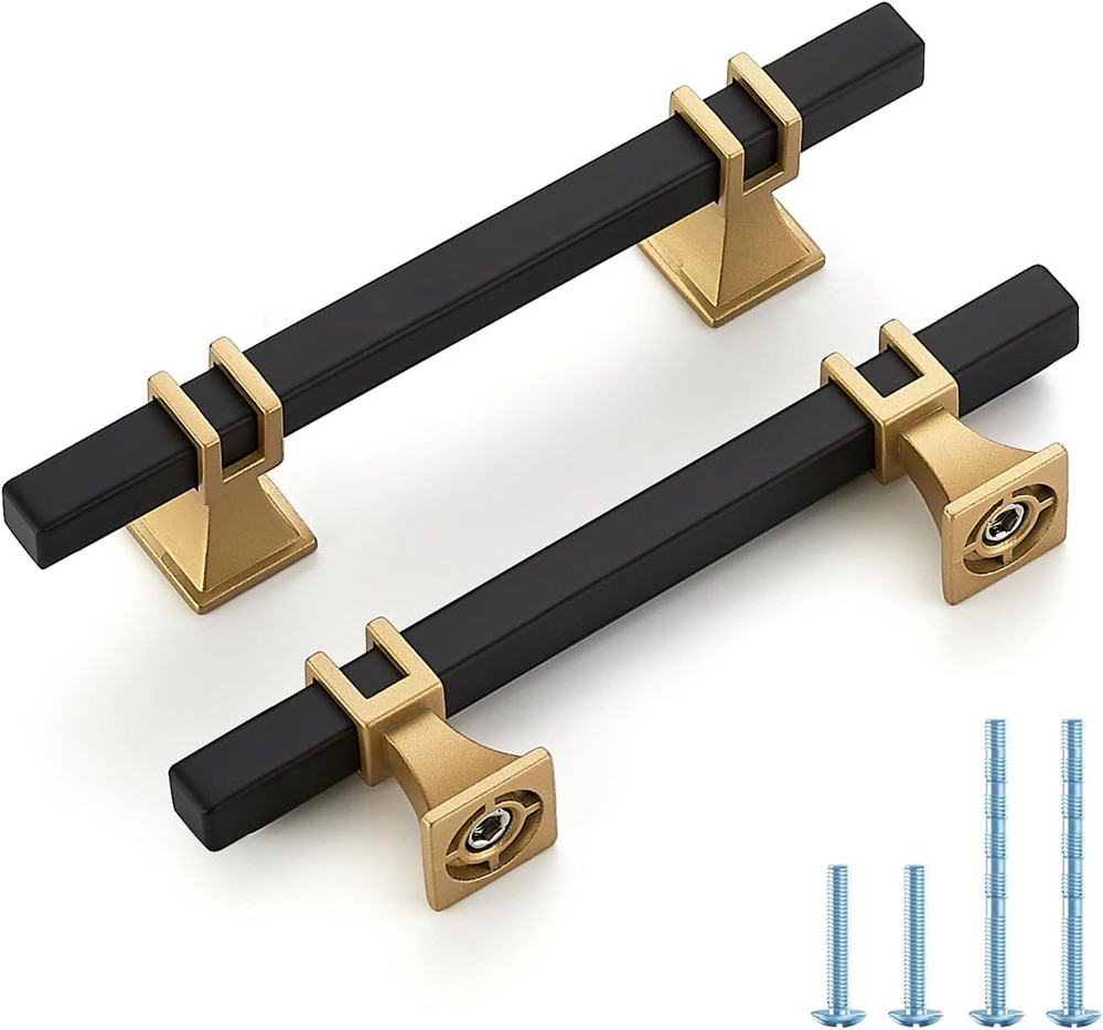 30 Pack 3-1/2 Inch Black & Gold Cabinet Handles Square Zinc-Alloy Pulls for Kitc