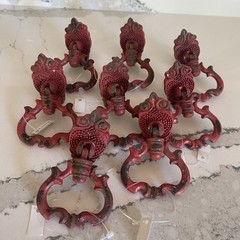 Set Of 8 Red Chippy Shabby Drawer Pulls Cabinet Knobs Boho Ornate Refinishing