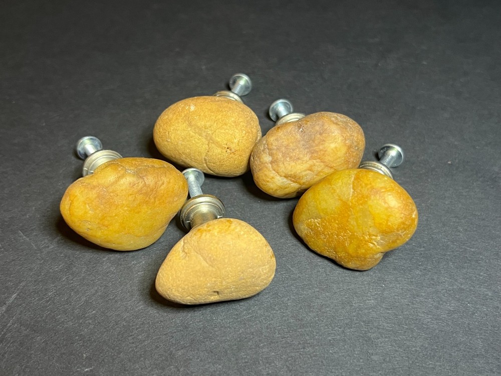 Set of 5 Handcrafted Real Rustic Natural Tan Stone Rock Cabinet Door Knob Pulls