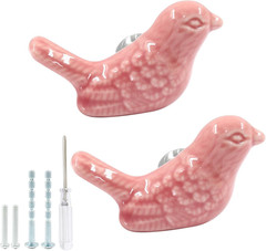 Bird Shape Ceramic Knobs 2 Pack Pink Pulls with Screws | Smooth Glossy Ceramic F