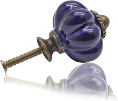(2) VTG Victorian Style Cobalt Blue Glass w/ Brass Door Knob Handle Drawer Pulls