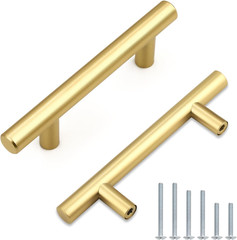 30 Pack 3 Inch Hole Center Brushed Gold Cabinet Pulls, Brushed Brass Kitchen Cab