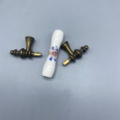 VTG Antique Brass Ceramic White & Floral Drawer Pull Handle USA *No Screws*