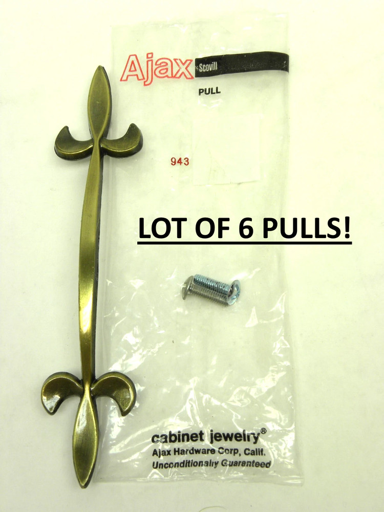 6 Pieces Vintage Ajax #943-6 Fleur-De-Lis Drawer Cabinet Pull Antique Brass