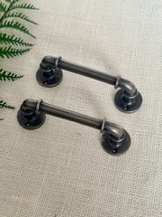 2 Antique Nickel PIPE HANDLE Drawer Pull Industrial Modern Steampunk Plumbing