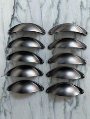 10 pk. Drawer handles cup pulls black satin, Allen + Roth NEW 0689141 689141