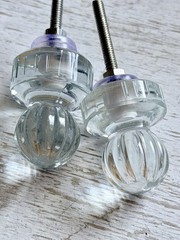 2 Round Glass Ribbed Knob Backplate Vintage Style Glass Drawer Cabinet Knobs